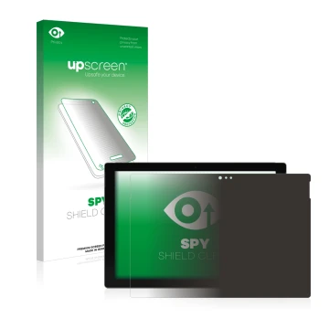 Parte frontal de un envase de producto con el logotipo de la marca upscreen. Al lado se muestra el dispositivo Microsoft Surfa