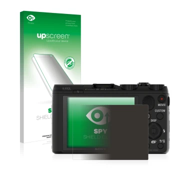 Parte frontal de un envase de producto con el logotipo de la marca upscreen. Al lado se muestra el dispositivo Sony Cyber-Shot