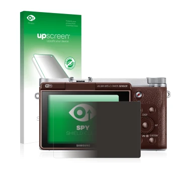 Parte frontal de un envase de producto con el logotipo de la marca upscreen. Al lado se muestra el dispositivo Samsung NX3000 