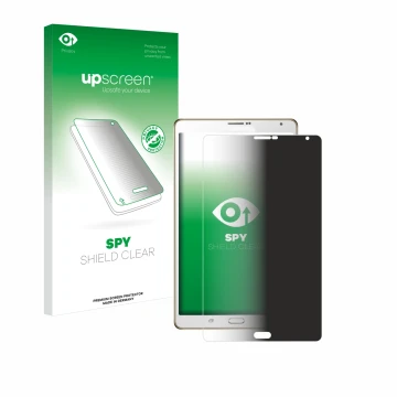 Parte frontal de un envase de producto con el logotipo de la marca upscreen. Al lado se muestra el dispositivo Samsung Galaxy 