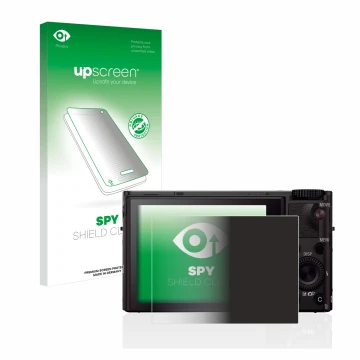 Parte frontal de un envase de producto con el logotipo de la marca upscreen. Al lado se muestra el dispositivo Sony Cyber-Shot