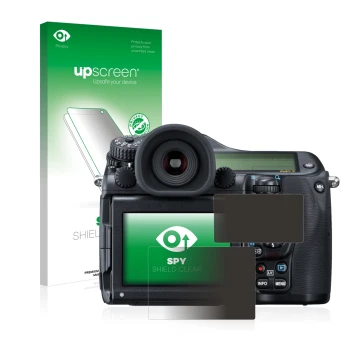 Parte frontal de un envase de producto con el logotipo de la marca upscreen. Al lado se muestra el dispositivo Pentax 645Z con