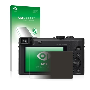 Parte frontal de un envase de producto con el logotipo de la marca upscreen. Al lado se muestra el dispositivo Panasonic Lumix