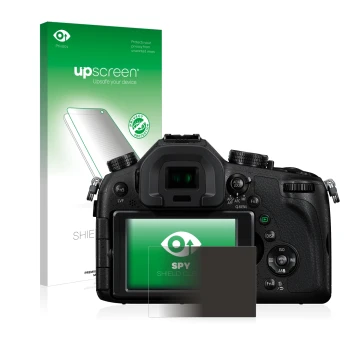 Parte frontal de un envase de producto con el logotipo de la marca upscreen. Al lado se muestra el dispositivo Panasonic Lumix