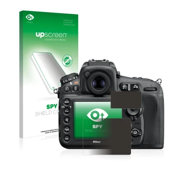 Parte frontal de un envase de producto con el logotipo de la marca upscreen. Al lado se muestra el dispositivo Nikon D810 con 