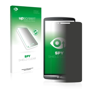 Parte frontal de un envase de producto con el logotipo de la marca upscreen. Al lado se muestra el dispositivo LG G3 Cat. 6 co