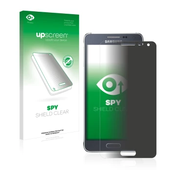 Parte frontal de un envase de producto con el logotipo de la marca upscreen. Al lado se muestra el dispositivo Samsung Galaxy 