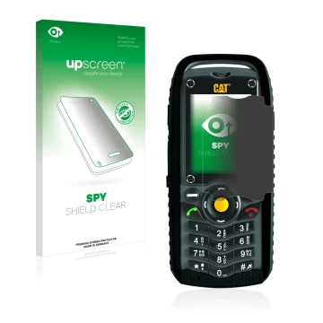 Parte frontal de un envase de producto con el logotipo de la marca upscreen. Al lado se muestra el dispositivo Caterpillar Cat