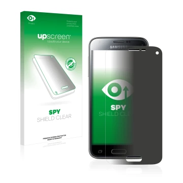 Parte frontal de un envase de producto con el logotipo de la marca upscreen. Al lado se muestra el dispositivo Samsung Galaxy 