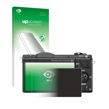 Parte frontal de un envase de producto con el logotipo de la marca upscreen. Al lado se muestra el dispositivo Sony Alpha 5100
