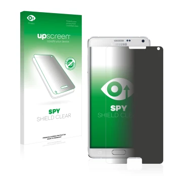 Parte frontal de un envase de producto con el logotipo de la marca upscreen. Al lado se muestra el dispositivo Samsung Galaxy 
