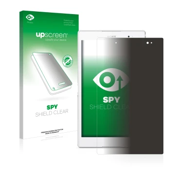 Parte frontal de un envase de producto con el logotipo de la marca upscreen. Al lado se muestra el dispositivo Sony Xperia Z3 