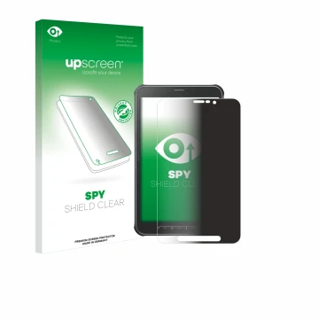 Parte frontal de un envase de producto con el logotipo de la marca upscreen. Al lado se muestra el dispositivo Samsung Galaxy 