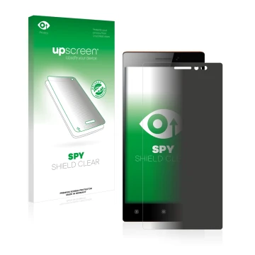 Parte frontal de un envase de producto con el logotipo de la marca upscreen. Al lado se muestra el dispositivo Lenovo Vibe X2 