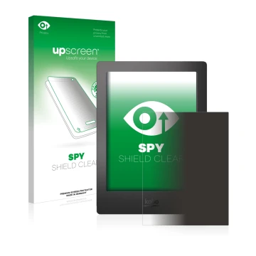 Parte frontal de un envase de producto con el logotipo de la marca upscreen. Al lado se muestra el dispositivo Kobo Aura H2O c