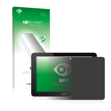 Parte frontal de un envase de producto con el logotipo de la marca upscreen. Al lado se muestra el dispositivo Acer Iconia Tab