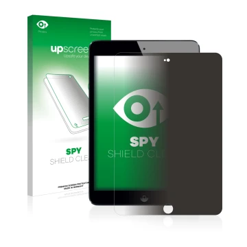 Parte frontal de un envase de producto con el logotipo de la marca upscreen. Al lado se muestra el dispositivo Apple iPad Mini