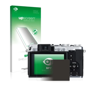 Parte frontal de un envase de producto con el logotipo de la marca upscreen. Al lado se muestra el dispositivo Fujifilm X30 co