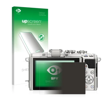 Parte frontal de un envase de producto con el logotipo de la marca upscreen. Al lado se muestra el dispositivo Olympus PEN E-P