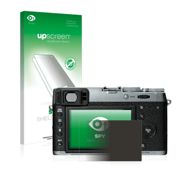 Parte frontal de un envase de producto con el logotipo de la marca upscreen. Al lado se muestra el dispositivo Fujifilm X100T 
