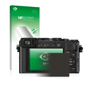 Parte frontal de un envase de producto con el logotipo de la marca upscreen. Al lado se muestra el dispositivo Panasonic Lumix