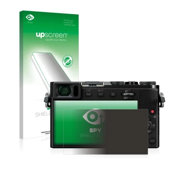 Parte frontal de un envase de producto con el logotipo de la marca upscreen. Al lado se muestra el dispositivo Panasonic Lumix