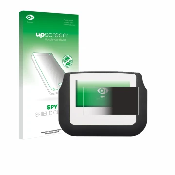 Parte frontal de un envase de producto con el logotipo de la marca upscreen. Al lado se muestra el dispositivo Signotec Signat