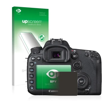 Parte frontal de un envase de producto con el logotipo de la marca upscreen. Al lado se muestra el dispositivo Canon EOS 7D Ma