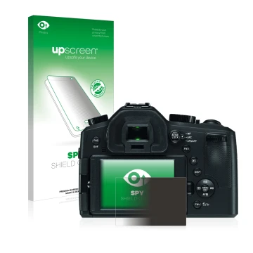 Parte frontal de un envase de producto con el logotipo de la marca upscreen. Al lado se muestra el dispositivo Leica V-LUX (Ty