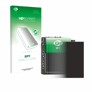 Parte frontal de un envase de producto con el logotipo de la marca upscreen. Al lado se muestra el dispositivo Fujifilm X10 co