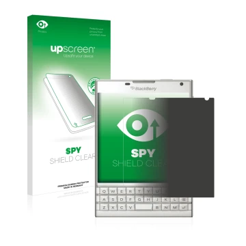 Parte frontal de un envase de producto con el logotipo de la marca upscreen. Al lado se muestra el dispositivo BlackBerry Pass