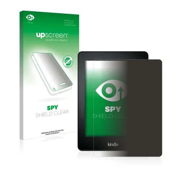 Parte frontal de un envase de producto con el logotipo de la marca upscreen. Al lado se muestra el dispositivo Amazon Kindle V