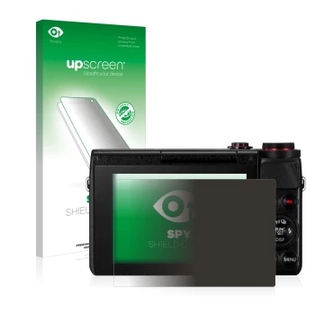 Parte frontal de un envase de producto con el logotipo de la marca upscreen. Al lado se muestra el dispositivo Canon PowerShot