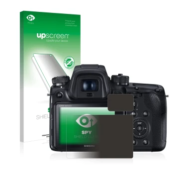 Parte frontal de un envase de producto con el logotipo de la marca upscreen. Al lado se muestra el dispositivo Samsung NX1 con