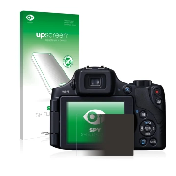 Parte frontal de un envase de producto con el logotipo de la marca upscreen. Al lado se muestra el dispositivo Canon PowerShot