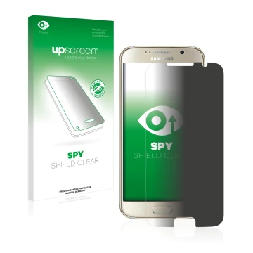 Parte frontal de un envase de producto con el logotipo de la marca upscreen. Al lado se muestra el dispositivo Samsung Galaxy 
