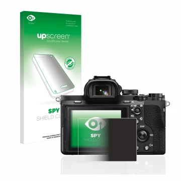 Parte frontal de un envase de producto con el logotipo de la marca upscreen. Al lado se muestra el dispositivo Sony Alpha 7 II