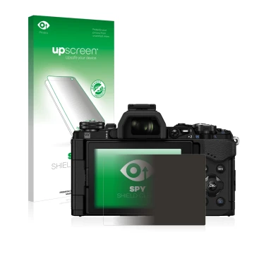 Parte frontal de un envase de producto con el logotipo de la marca upscreen. Al lado se muestra el dispositivo Olympus OM-D E-
