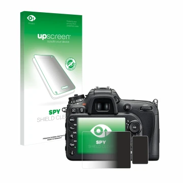 Parte frontal de un envase de producto con el logotipo de la marca upscreen. Al lado se muestra el dispositivo Nikon D7200 con