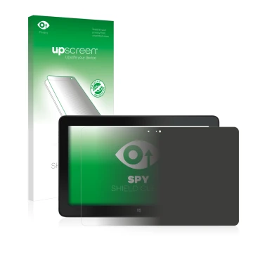 Parte frontal de un envase de producto con el logotipo de la marca upscreen. Al lado se muestra el dispositivo Dell Venue 11 P
