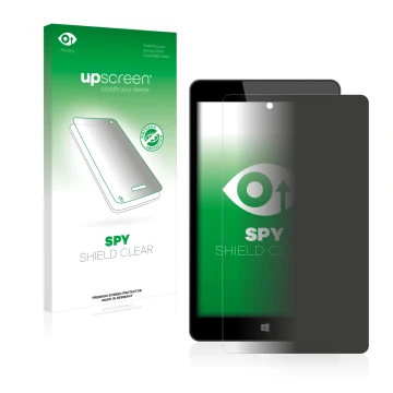 Parte frontal de un envase de producto con el logotipo de la marca upscreen. Al lado se muestra el dispositivo Linx 8 con su p