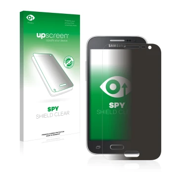 Parte frontal de un envase de producto con el logotipo de la marca upscreen. Al lado se muestra el dispositivo Samsung Galaxy 