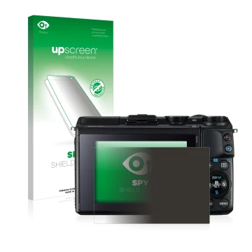 Parte frontal de un envase de producto con el logotipo de la marca upscreen. Al lado se muestra el dispositivo Canon EOS M3 co