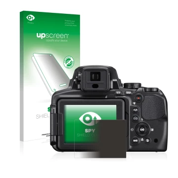 Parte frontal de un envase de producto con el logotipo de la marca upscreen. Al lado se muestra el dispositivo Nikon Coolpix P