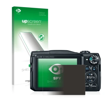 Parte frontal de un envase de producto con el logotipo de la marca upscreen. Al lado se muestra el dispositivo Canon PowerShot
