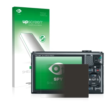 Parte frontal de un envase de producto con el logotipo de la marca upscreen. Al lado se muestra el dispositivo Canon PowerShot