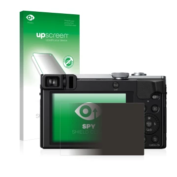 Parte frontal de un envase de producto con el logotipo de la marca upscreen. Al lado se muestra el dispositivo Panasonic Lumix