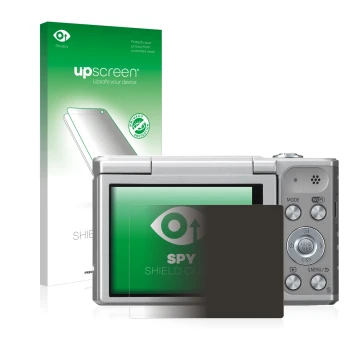 Parte frontal de un envase de producto con el logotipo de la marca upscreen. Al lado se muestra el dispositivo Panasonic Lumix