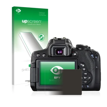 Parte frontal de un envase de producto con el logotipo de la marca upscreen. Al lado se muestra el dispositivo Canon EOS 750D 