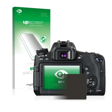 Parte frontal de un envase de producto con el logotipo de la marca upscreen. Al lado se muestra el dispositivo Canon EOS 760D 